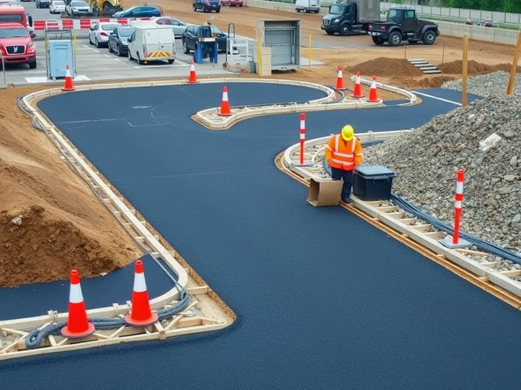 Worker installing asphalt according to regulatory standards in a construction site