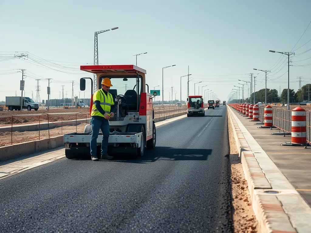 Worker overseeing asphalt installation process adhering to regulatory standards for highways.