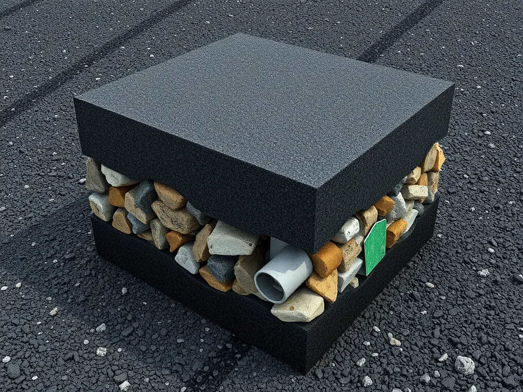 Diagram showing the layers of asphalt laid over a base of aggregate and pipe