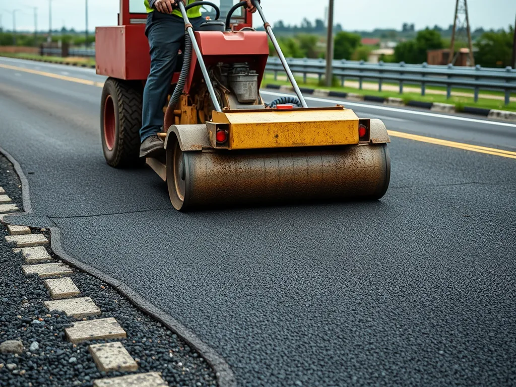 A machine laying asphalt on a road, demonstrating the asphalt laying process.
