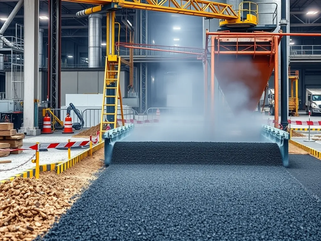 Asphalt being laid during the production process, highlighting the life cycle assessment of asphalt versus alternative materials.