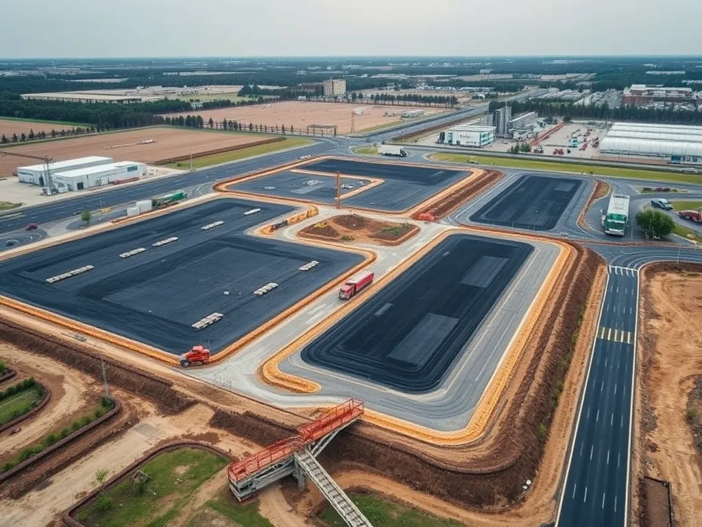 Aerial view of asphalt material application site showcasing lifecycle analysis processes.