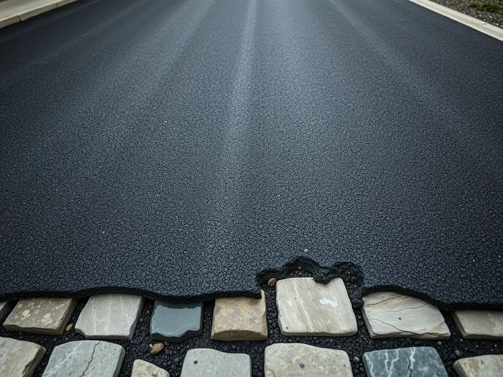 Close-up view of asphalt showing wear and damage, illustrating differences in lifespan between residential and commercial asphalt.