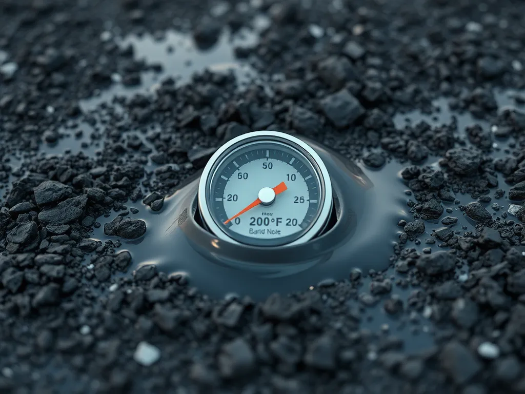 Thermometer submerged in a pool of liquid asphalt showcasing its liquid state.