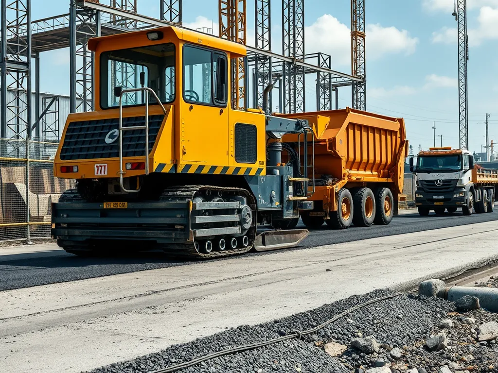 Paver machine loading asphalt for road construction