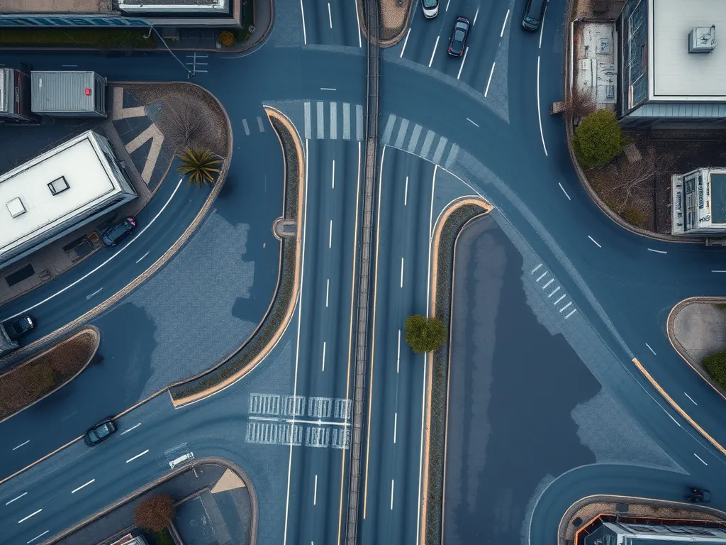 Aerial view of asphalt roads showcasing weather effects on road surfaces.