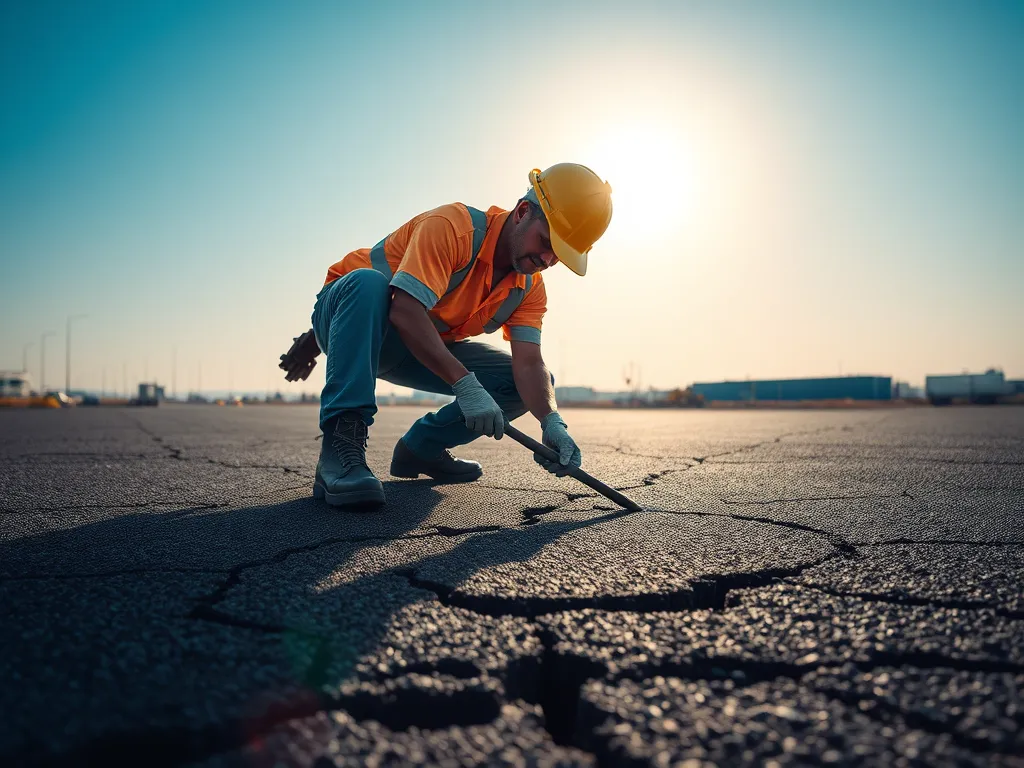 Worker repairing cracked asphalt surface during maintenance, highlighting overcoming challenges in asphalt maintenance.