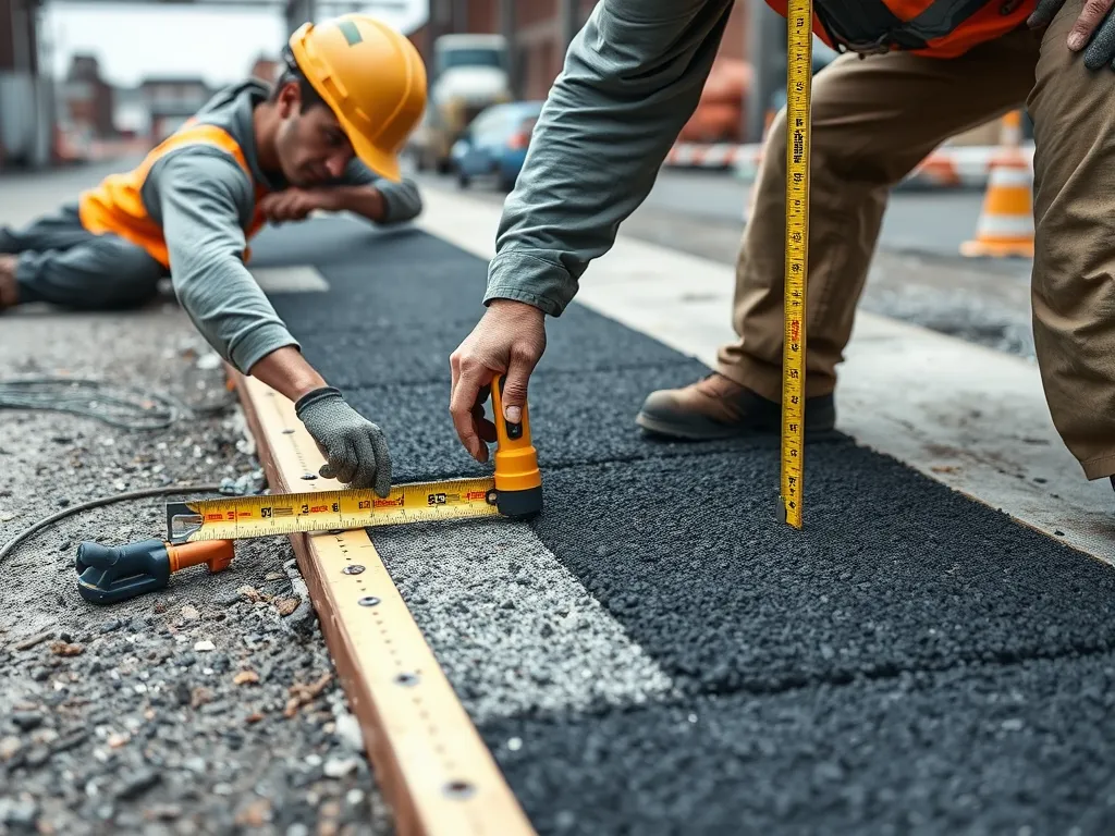 Workers measuring freshly laid asphalt, highlighting the importance of precision in asphalt maintenance.