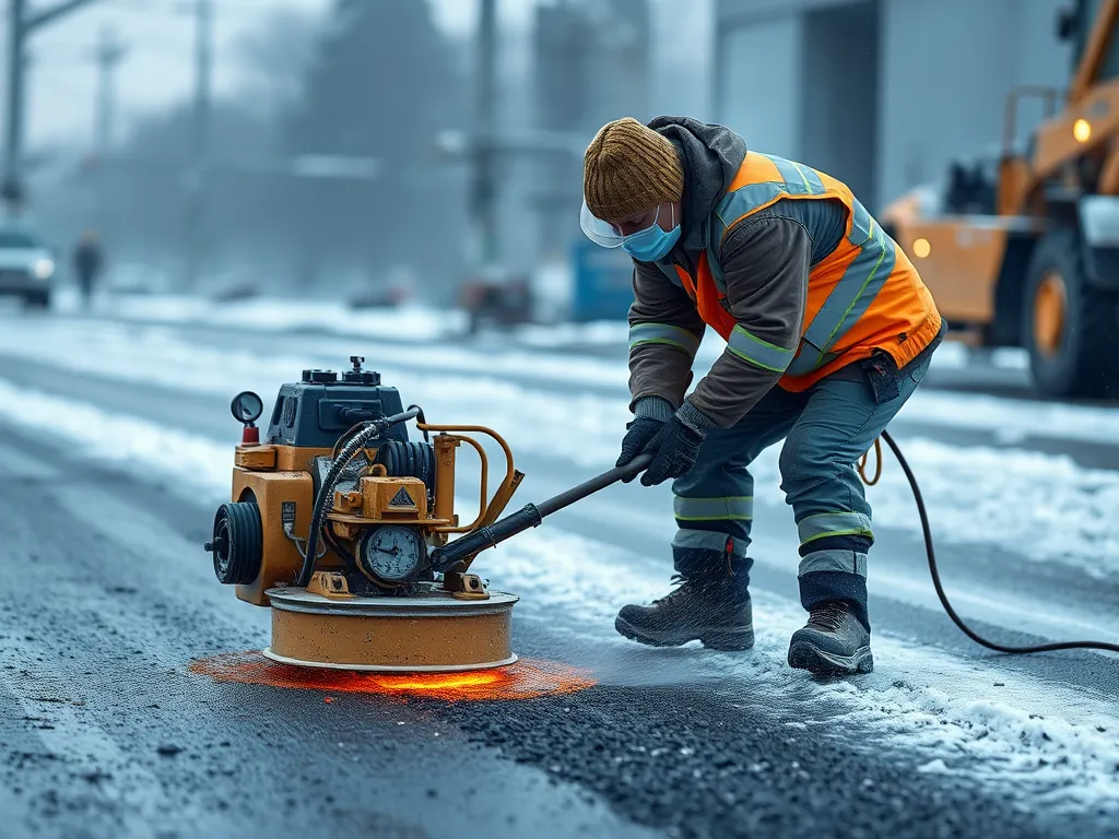 Worker performing asphalt maintenance in snowy conditions highlighting challenges in asphalt repair.