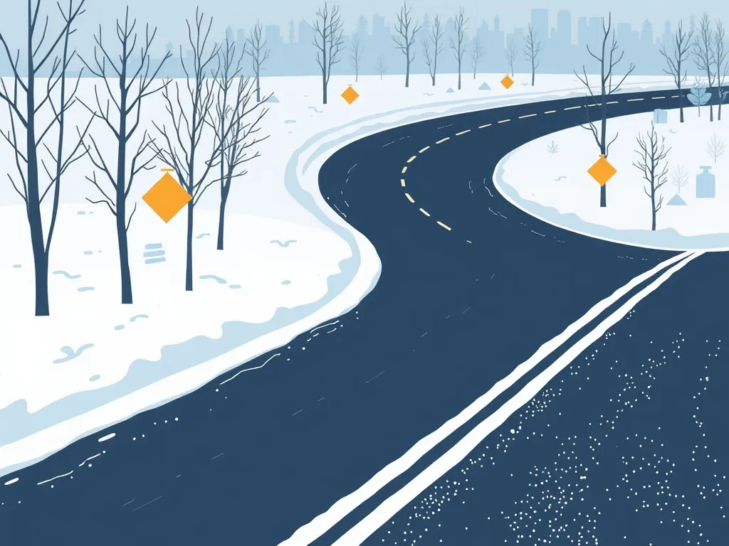 Snow-covered road with asphalt maintenance strategies for varying climates