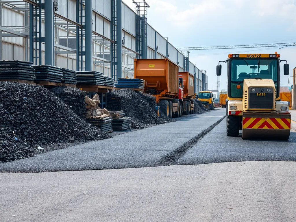Heavy machinery performing asphalt maintenance in a commercial setting.