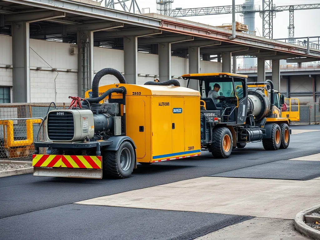 Asphalt maintenance equipment in a commercial setting, emphasizing the economics of asphalt upkeep.