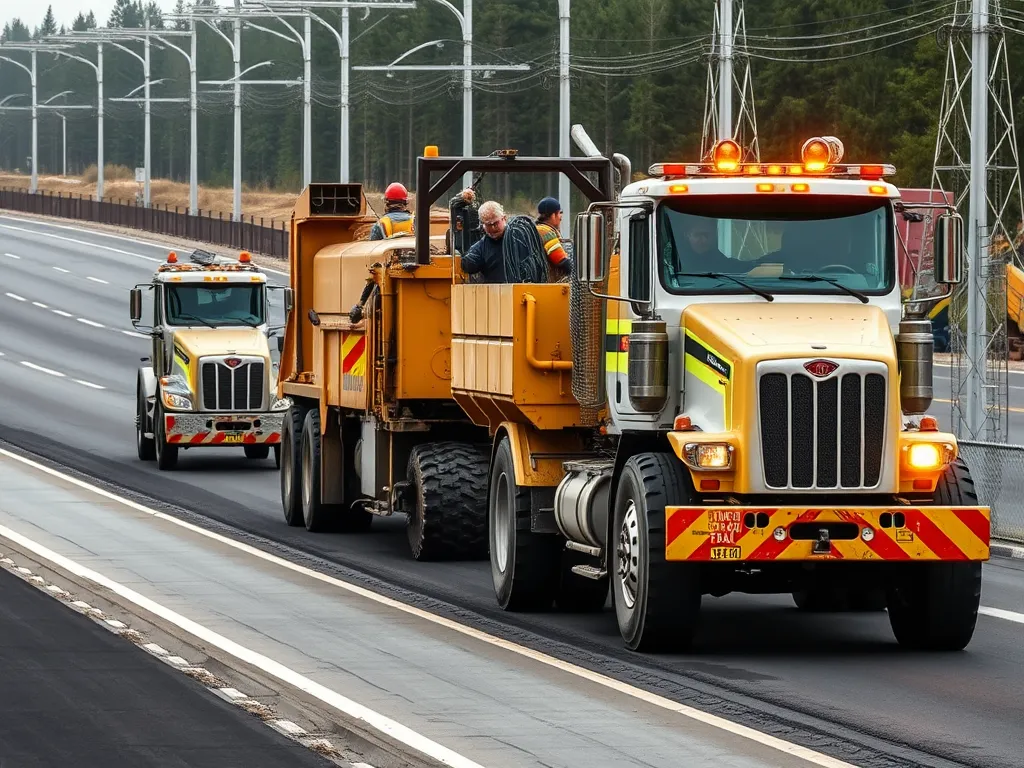 Asphalt maintenance trucks working on a highway, highlighting the importance of selecting a professional contractor.