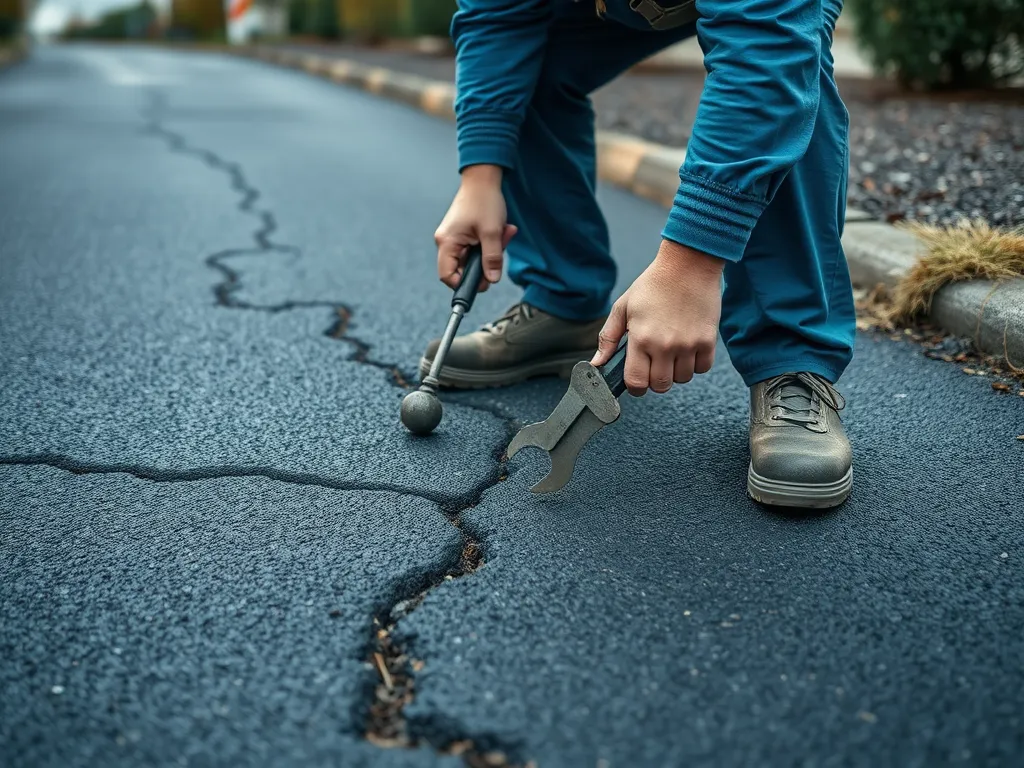 Person inspecting cracked asphalt using tools, relevant for selecting asphalt maintenance contractor