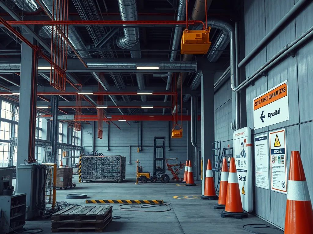 Interior of a warehouse with asphalt maintenance equipment and safety cones, essential for choosing an asphalt maintenance contractor.