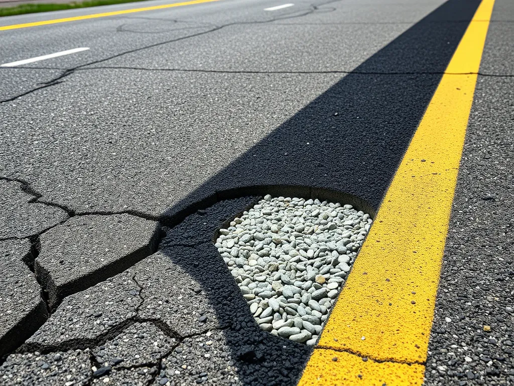 A close-up of a cracked asphalt surface with maintenance gravel, highlighting the economics of asphalt maintenance in commercial settings.