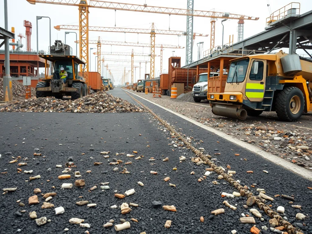 Construction site showing heavy machinery and materials involved in asphalt maintenance.