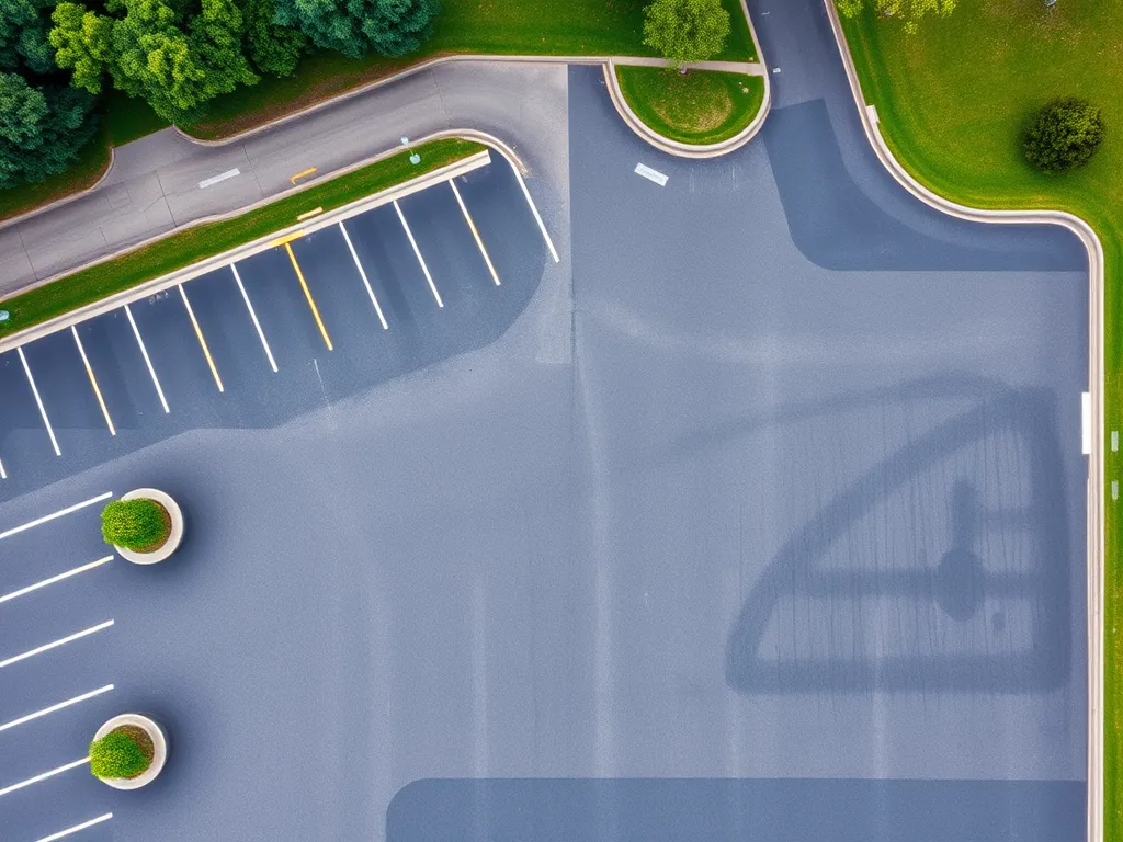 Aerial view of a freshly paved asphalt parking lot highlighting the importance of asphalt maintenance.