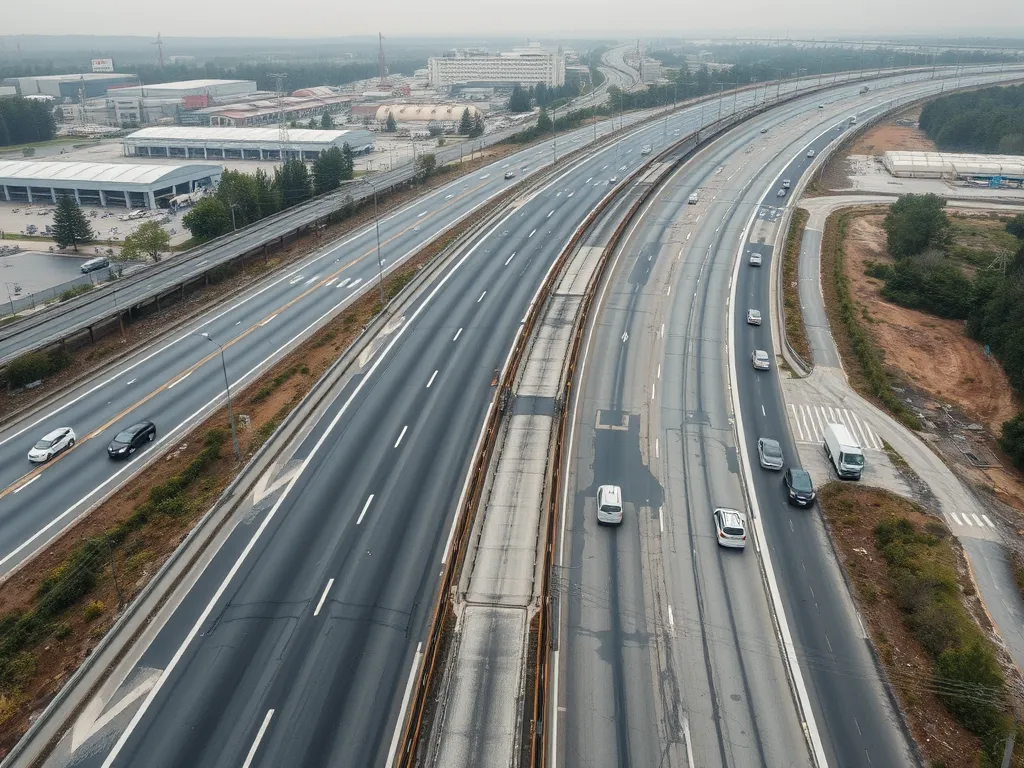 Aerial view of a highway illustrating the effects of maintenance on asphalt performance.