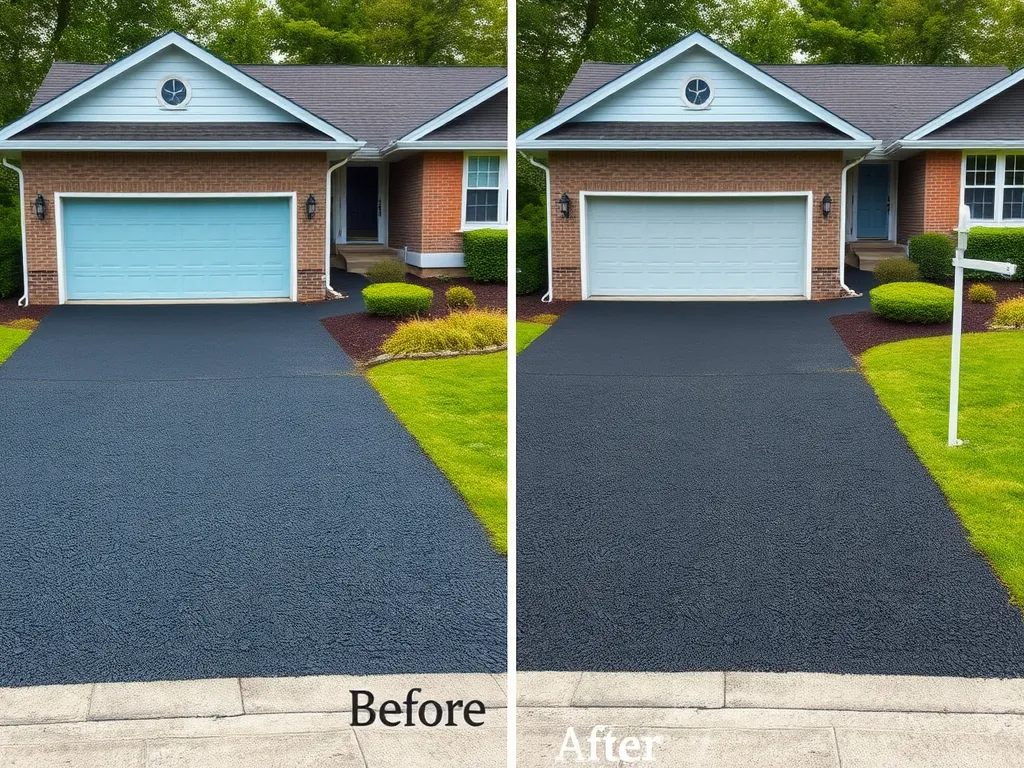 Before and after comparison showing the effects of asphalt maintenance on property value.