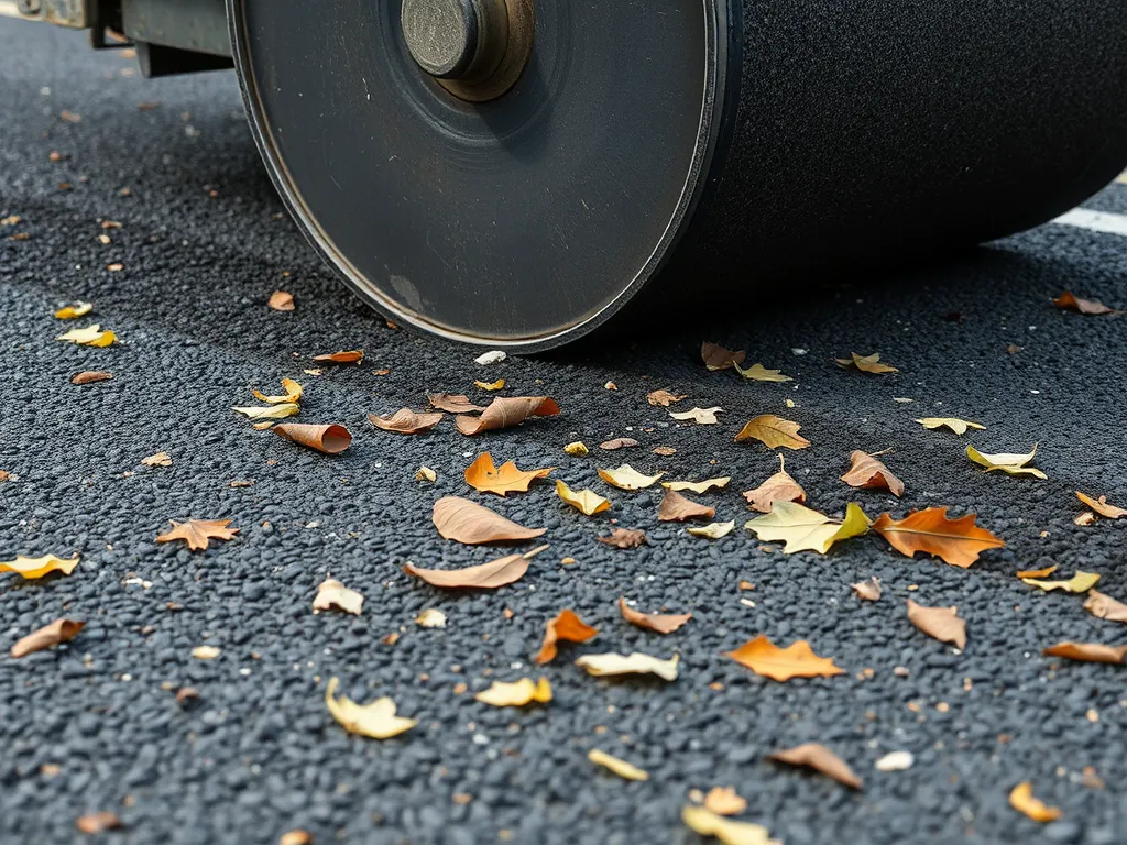 Asphalt surface maintenance with fallen leaves showing seasonal maintenance considerations