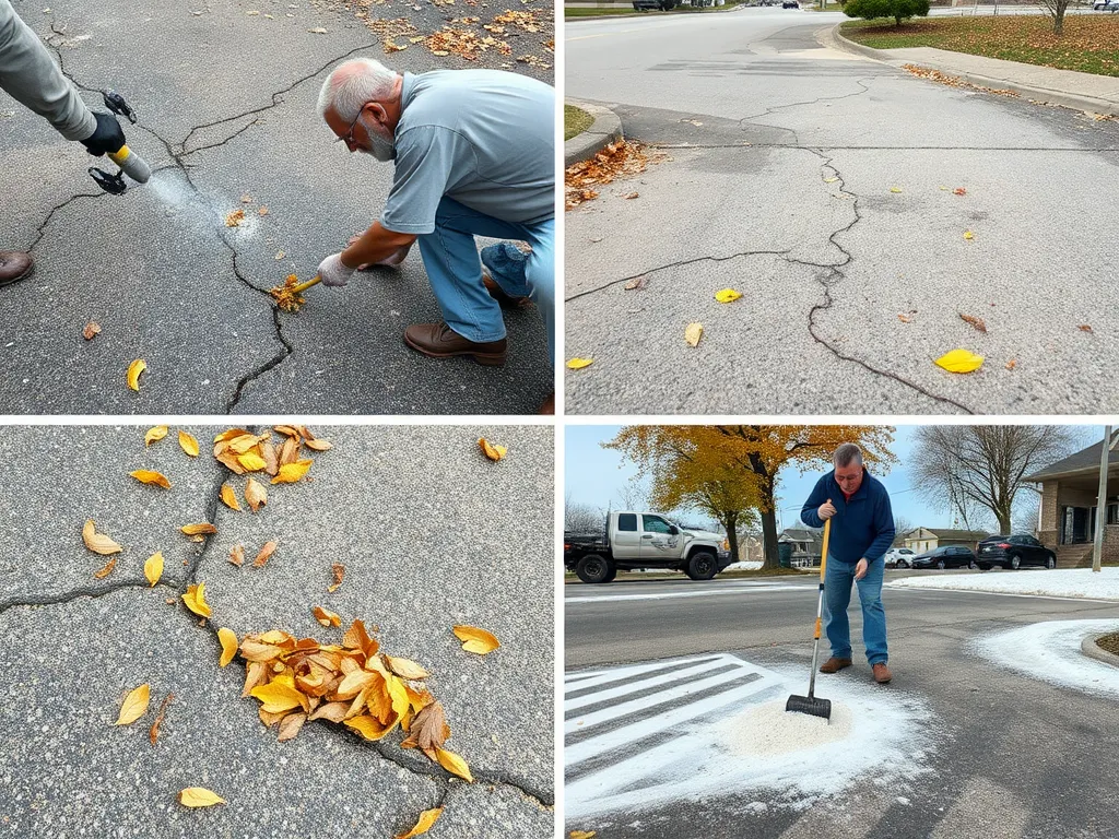 Workers performing asphalt maintenance strategies such as crack sealing and surface cleaning.