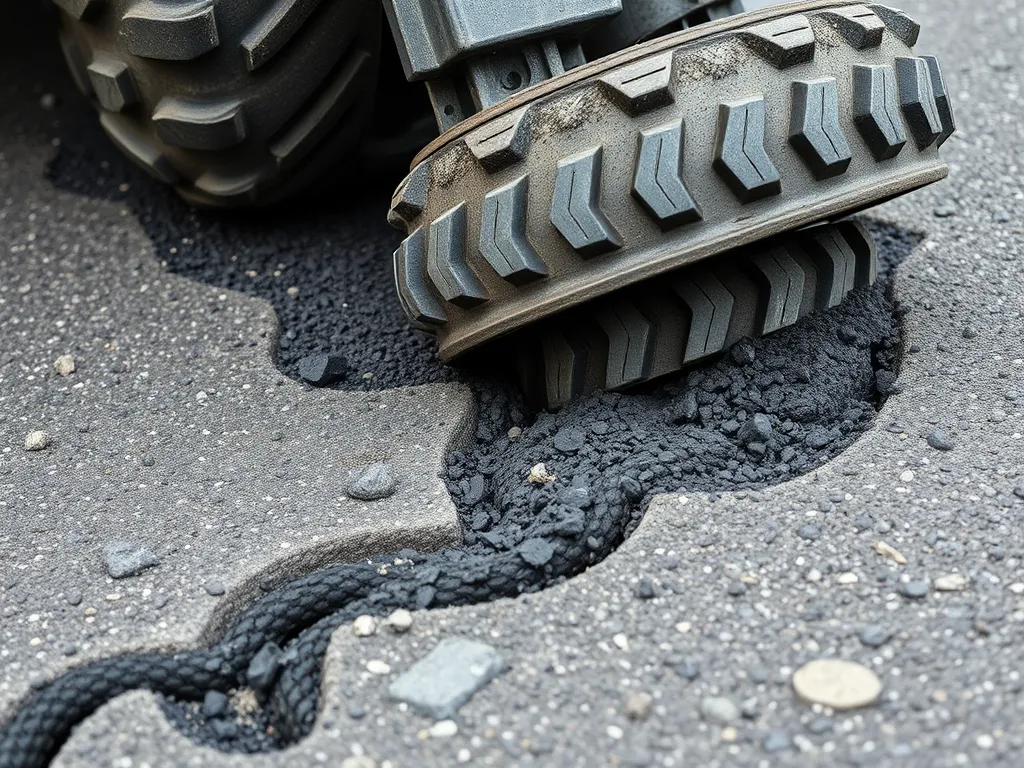 Close-up of asphalt maintenance showing a roller tool repairing cracks.