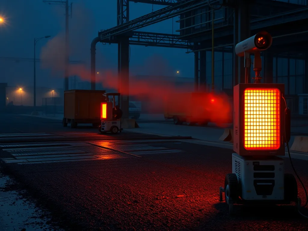 Traffic warning lights on a freshly paved asphalt road at night, showcasing essential asphalt maintenance techniques.
