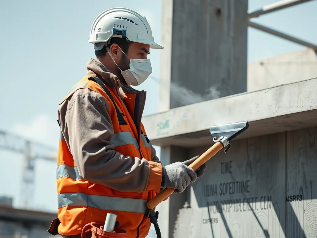 A worker using an asphalt maintenance tool while wearing protective gear on a construction site.