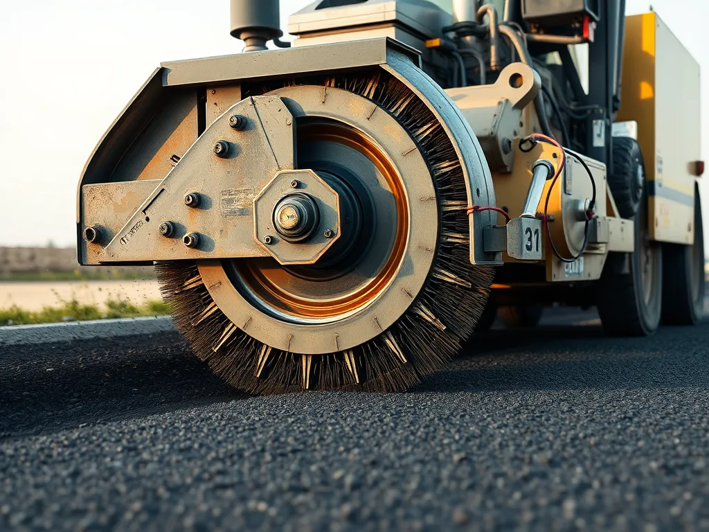 Close-up of an asphalt maintenance tool with a rotating brush system for effective road repair.