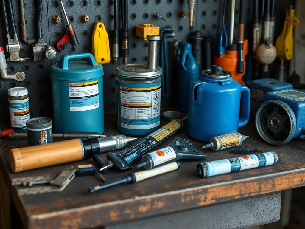 A variety of asphalt maintenance tools and equipment displayed on a workbench, emphasizing the importance of proper tools for asphalt maintenance.