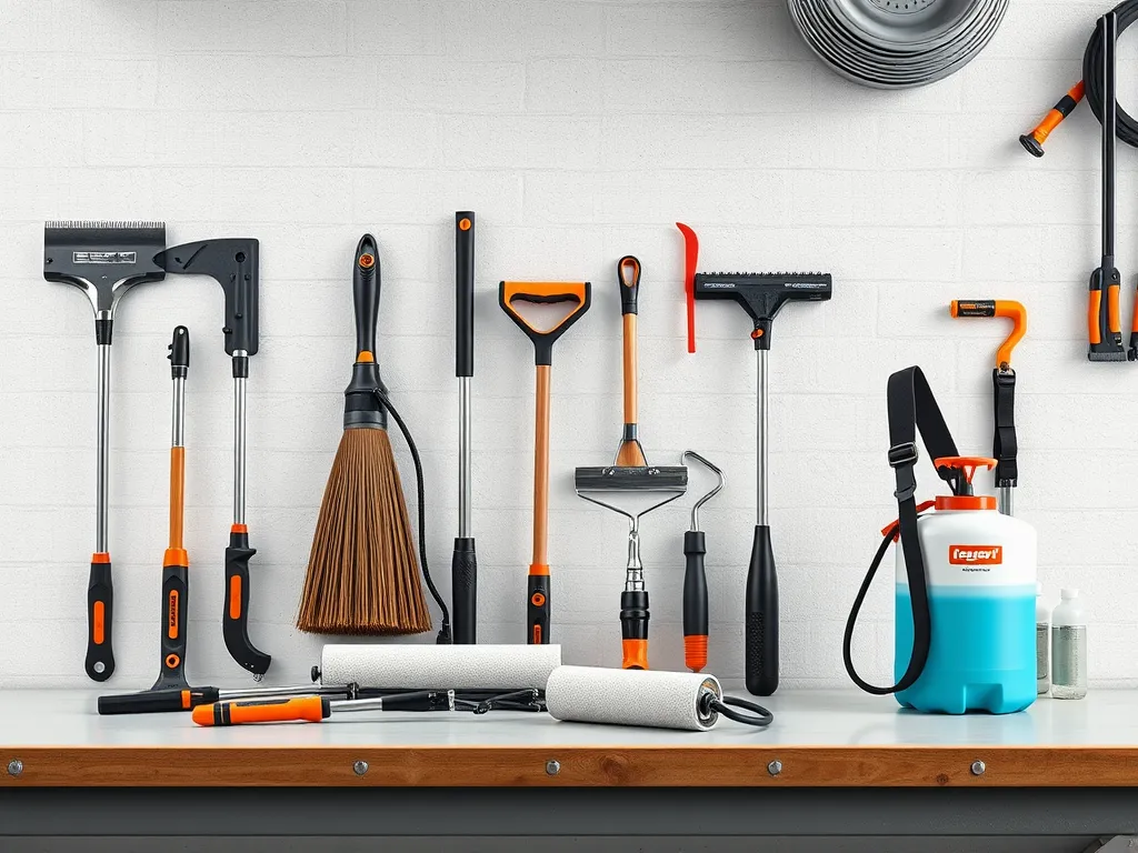 Collection of essential asphalt maintenance tools laid out on a workbench.