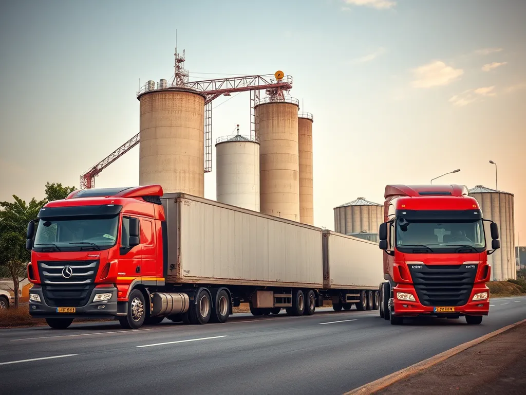Two red trucks transporting materials for asphalt manufacturing near industrial silos