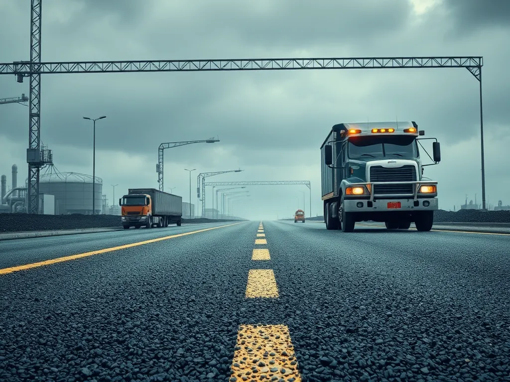 Highway with trucks on asphalt surface highlighting advancements in asphalt materials and curing technologies.