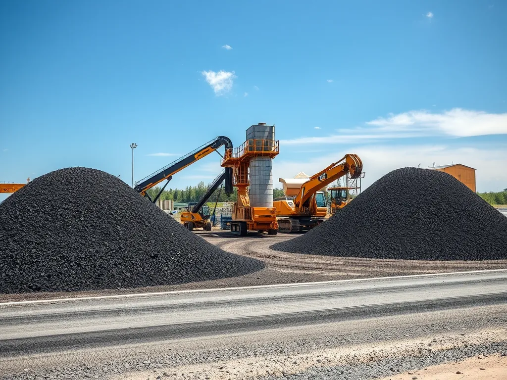 Asphalt production site with machinery involved in the lifecycle analysis of asphalt materials.