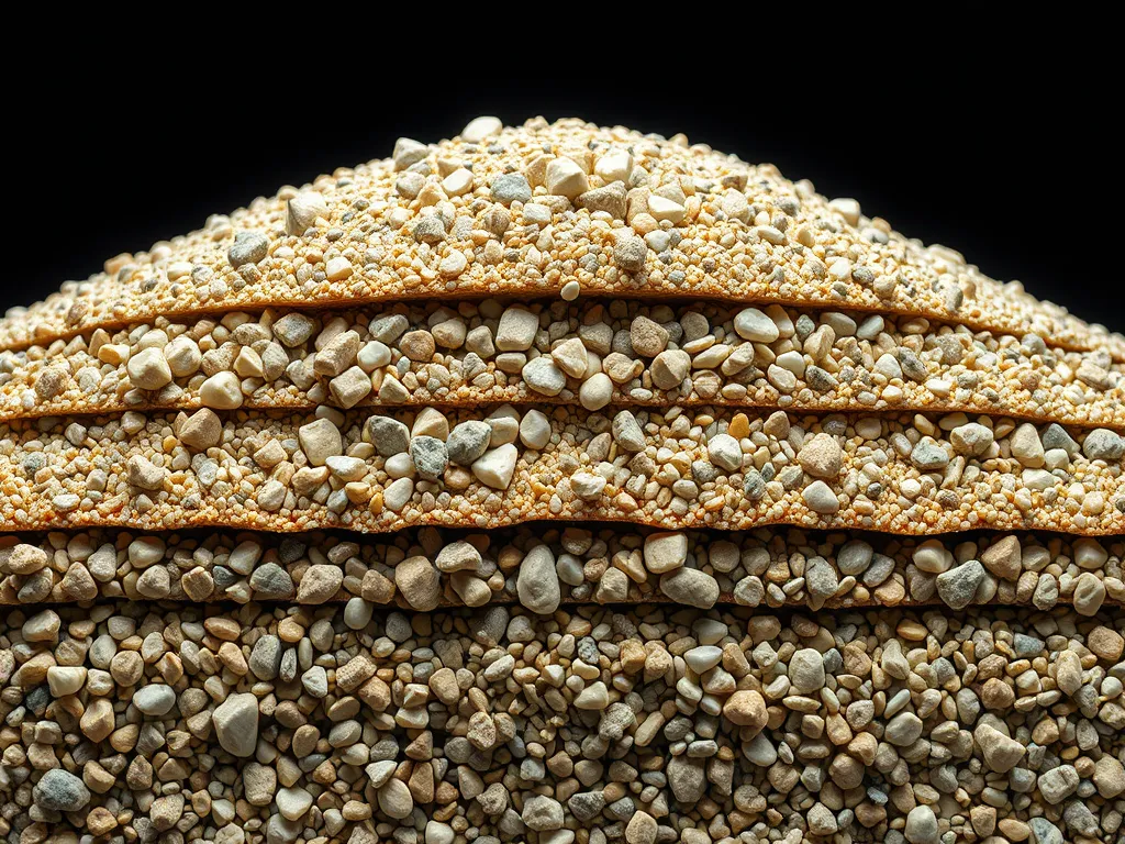 Layers of gravel and stone aggregate used in asphalt production.