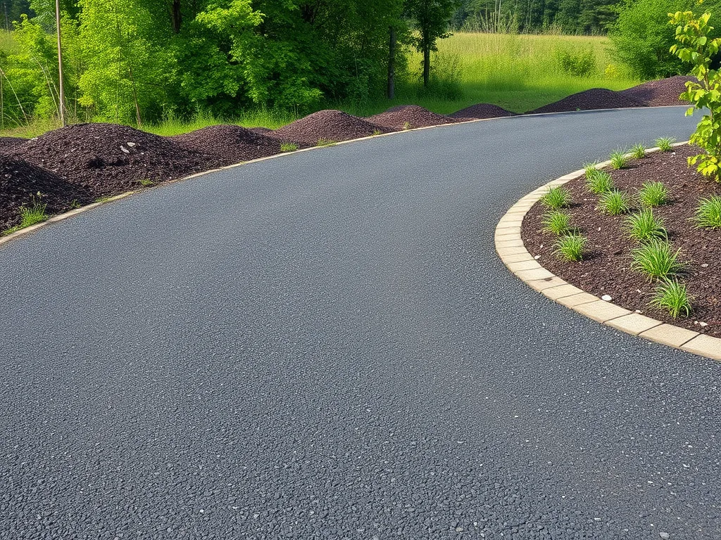 A newly constructed driveway made from asphalt millings surrounded by landscaping.