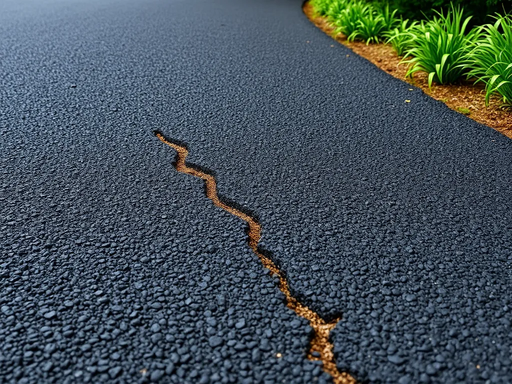 Close-up of a cracked asphalt millings driveway, highlighting the durability and maintenance of asphalt millings.