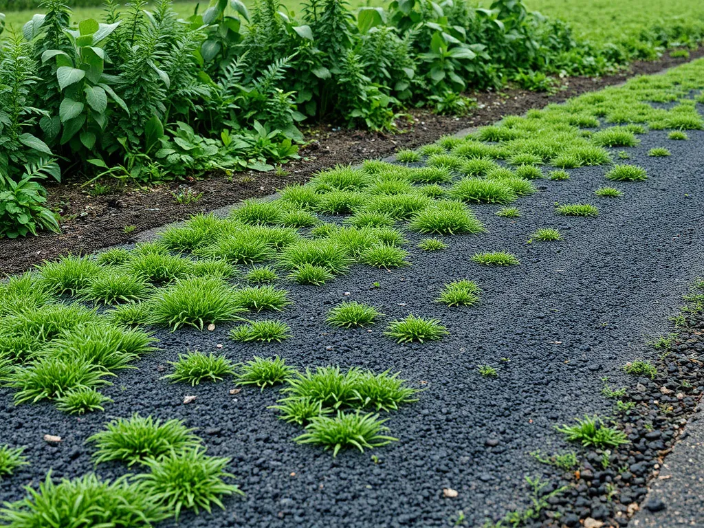 Driveway made of asphalt millings with grass growing in between