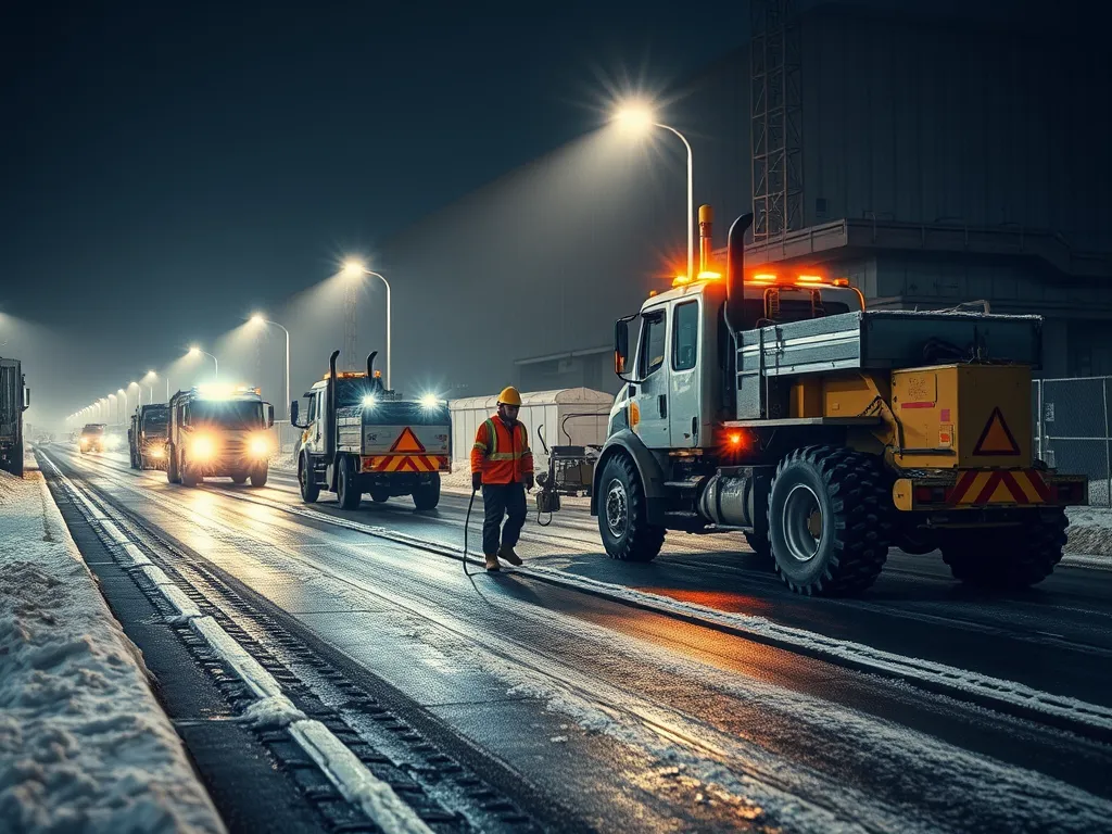 Truck applying asphalt mix during nighttime, relevant to analyzing cost-effectiveness of asphalt mixes in different climates.
