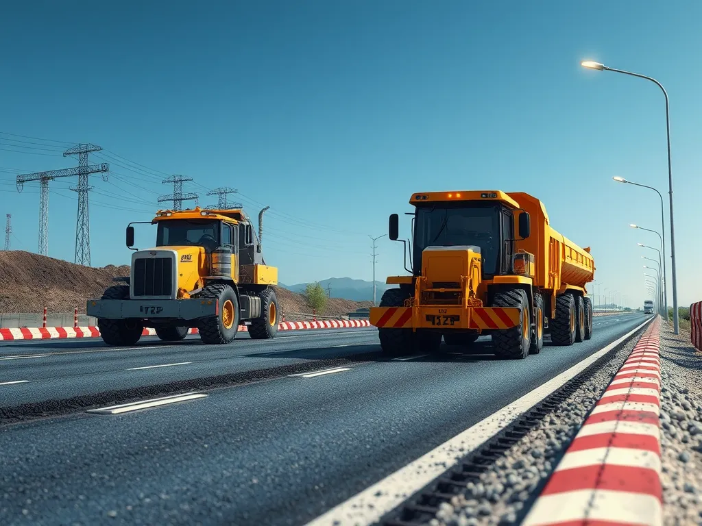 Heavy machinery working on asphalt mix upgrades along a highway