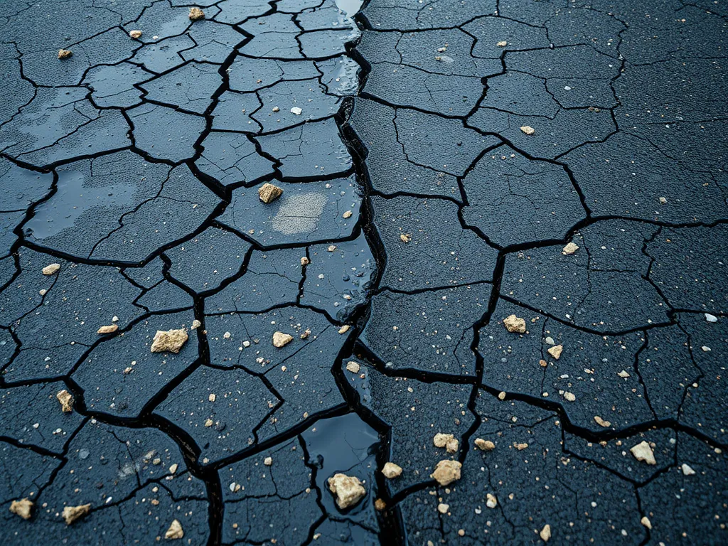 Cracked asphalt surface showing wear and tear related to different asphalt mix life expectancy.