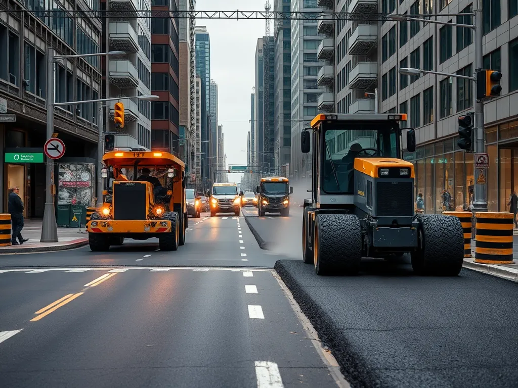 Heavy machinery used in asphalt mix production methods on a city street
