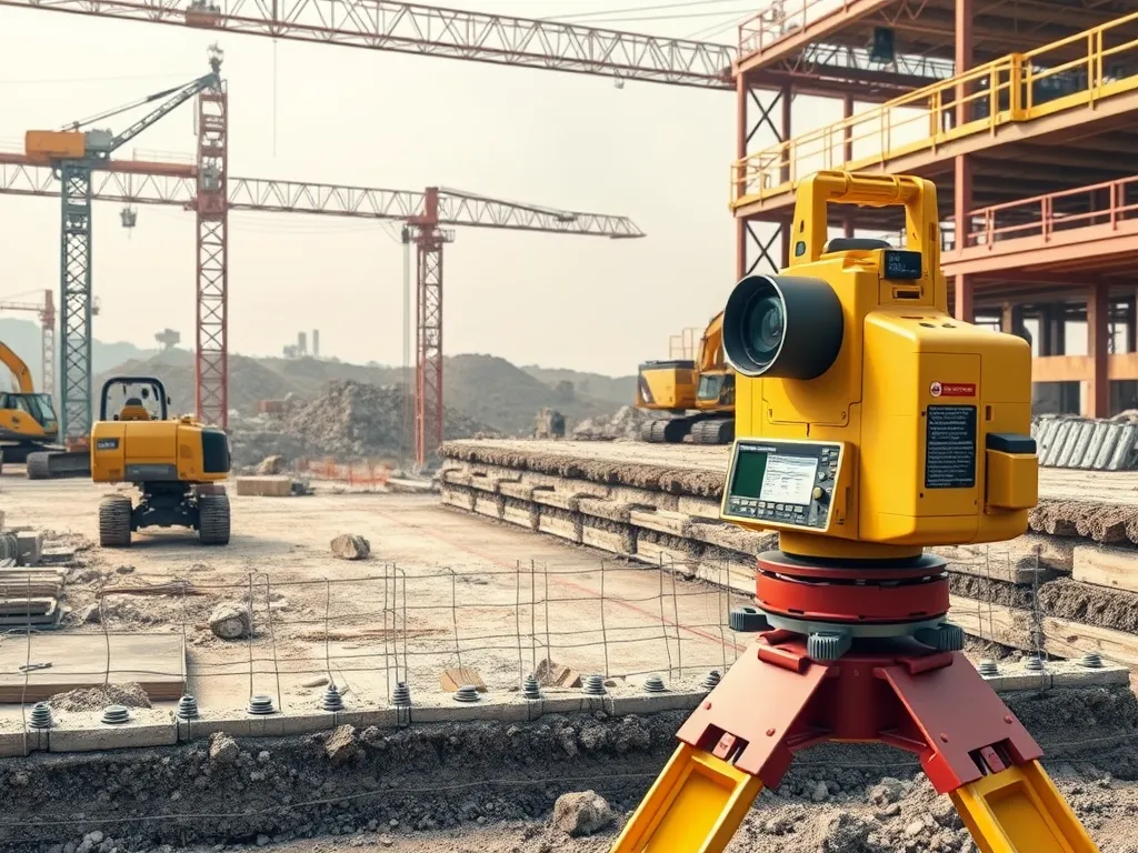 Construction site with surveying equipment for asphalt mix selection