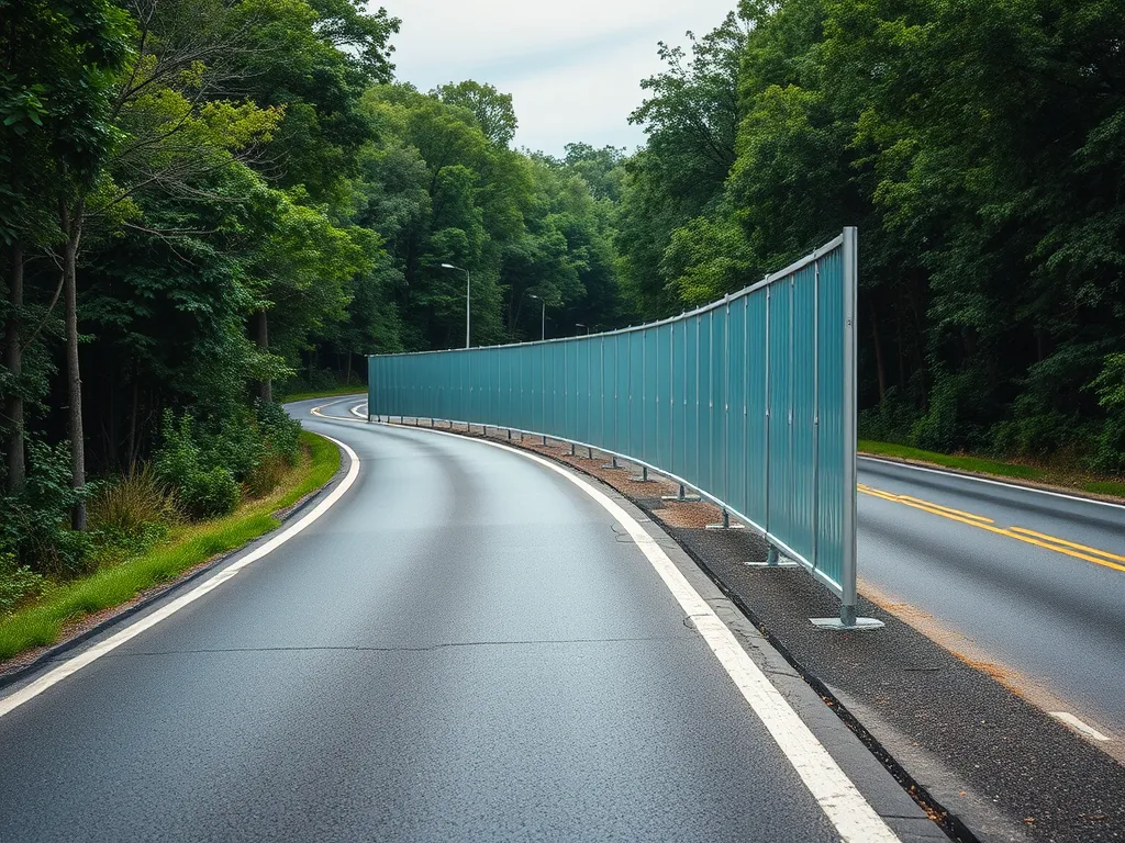 Asphalt road with sound barriers to mitigate noise pollution from traffic