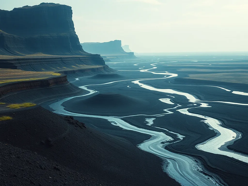 A scenic view of a black landscape featuring rivers and rocky formations, illustrating the natural sources of asphalt.