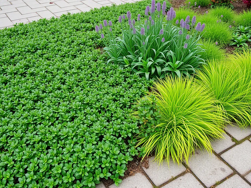 Lush landscaping with green ground cover and blooming flowers near asphalt parking lots