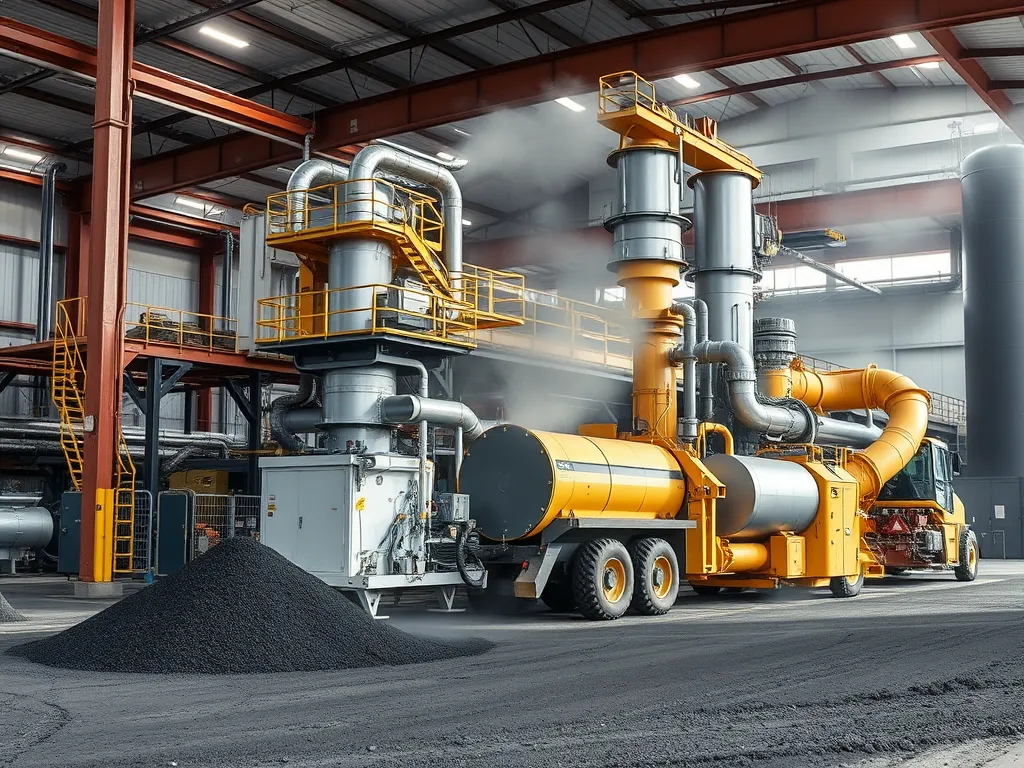 Asphalt production equipment generating particulate matter in an industrial setting.