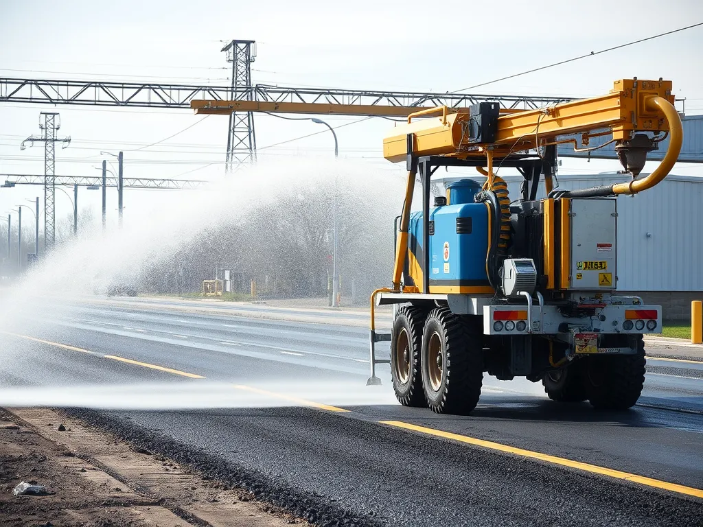 Spraying water on freshly laid asphalt to mitigate particulate matter emissions.
