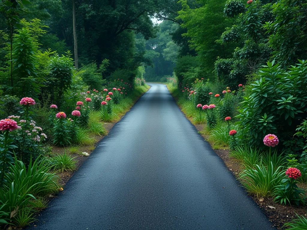 A scenic asphalt path surrounded by lush greenery and colorful flowers, illustrating the appeal of asphalt paths and walkways.
